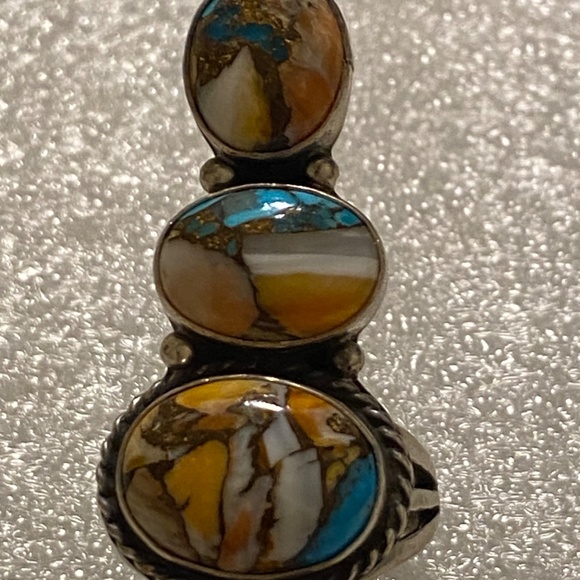 Dramatic 5 Stone Sterling Ring - Orange Spiny - Kingman - Size 9 - Picture 12 of 15